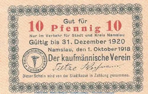 Notgeld Kfm. Verein Namslau , 10 Pfennig Schein in kfr. Tieste 4755.02.20 von 1918 , Schlesien Verkehrsausgabe