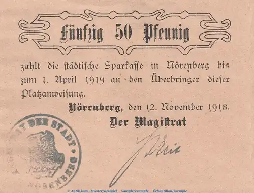 Notgeld Stadt Nörenberg , 50 Pfennig Schein in kfr. Tieste 5145.05.05 von 1918 , Pommern Verkehrsausgabe
