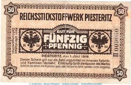Notgeld Reichsstickstoffwerke Piesteritz , 50 Pfennig Schein in gbr. Tieste 5605.10.04 von 1919 , Sachsen Verkehrsausgabe
