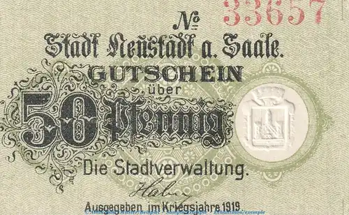 Notgeld Neustadt Saale , 50 Pfennig Schein in kfr. Tieste 4975.10.10 von 1919 , Bayern Verkehrsausgabe