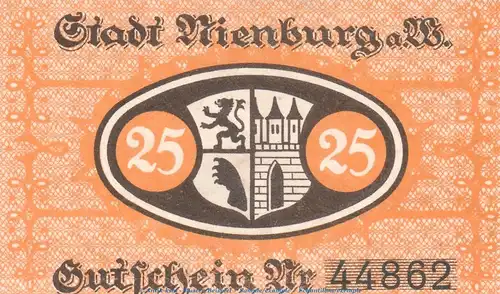 Notgeld Stadt Nienburg , 25 Pfennig Schein in kfr. Tieste 5105.05.10 o.D. Niedersachsen Verkehrsausgabe