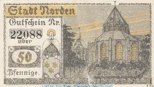 Notgeld Stadt Norden , 50 Pfennig Schein in kfr. Tieste 5150.05.75 von 1920 , Niedersachsen Verkehrsausgabe