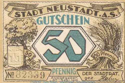 Notgeld Stadt Neustadt a.S , 50 Pfennig Schein in kfr. Tieste 4975.10.15 von 1920 , Bayern Verkehrsausgabe