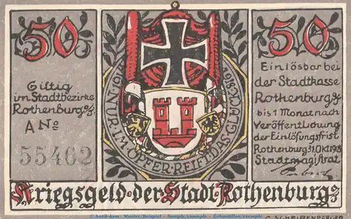 Notgeld Stadt Rothenburg o.T. 50 Pfennig Schein in kfr. Tieste 6250.05.05 von 1918 , Bayern Verkehrsausgabe