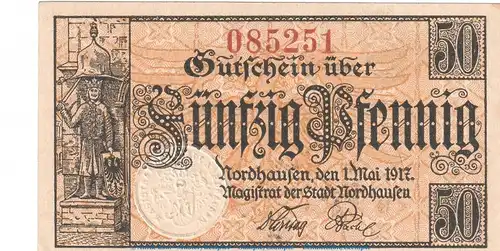 Notgeld Stadt Nordhausen , 50 Pfennig Schein in kfr. Tieste 5175.05.05 von 1917 , Thüringen Verkehrsausgabe