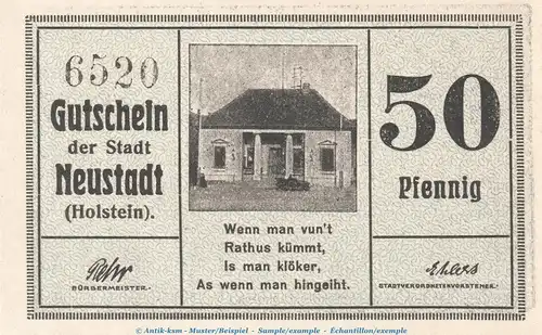 Notgeld Stadt Neustadt , 50 Pfennig Schein -blau- in kfr. Tieste 4950.05.10 o.D. Holstein Verkehrsausgabe