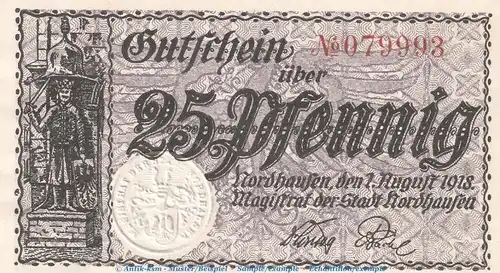 Notgeld Stadt Nordhausen , 25 Pfennig Schein in kfr. Tieste 5175.05.15 von 1918 , Thüringen Verkehrsausgabe