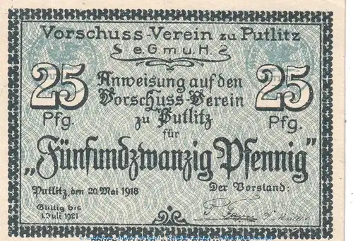 Notgeld Vorschussverein Putlitz , 25 Pfennig Schein in kfr. Tieste 5815.10.25 von 1918 , Brandenburg Verkehrsausgabe