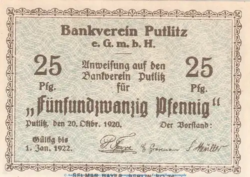 Notgeld Bankverein Putlitz , 25 Pfennig Schein in kfr. Tieste 5815.05.01 von 1920 , Brandenburg Verkehrsausgabe