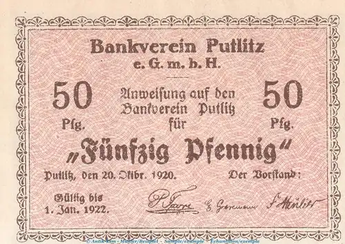 Notgeld Bankverein Putlitz , 50 Pfennig Schein in kfr. Tieste 5815.05.02 von 1920 , Brandenburg Verkehrsausgabe
