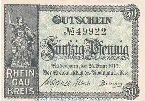 Notgeld Kreisausschuss Rüdesheim , 50 Pfennig Schein in kfr. Tieste 6280.05.03 von 1917 , Hessen Verkehrsausgabe