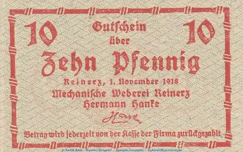 Notgeld Hermann Hanke Reinerz , 10 Pfennig Schein in kfr. Tieste 6005.05.05 von 1918 , Schlesien Verkehrsausgabe