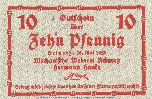 Notgeld Hermann Hanke Reinerz , 10 Pfennig Schein in kfr. Tieste 6005.05.20 von 1920 , Schlesien Verkehrsausgabe