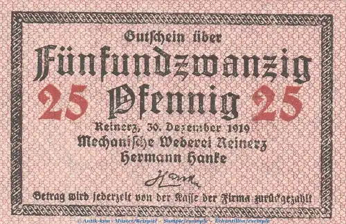 Notgeld Hermann Hanke Reinerz , 25 Pfennig Schein in kfr. Tieste 6005.05.11 von 1919 , Schlesien Verkehrsausgabe