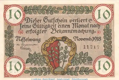 Notgeld Marktgemeinde Nesselwang , 10 Pfennig Schein in kfr. Tieste 4800.05.10 von 1918 , Bayern Verkehrsausgabe