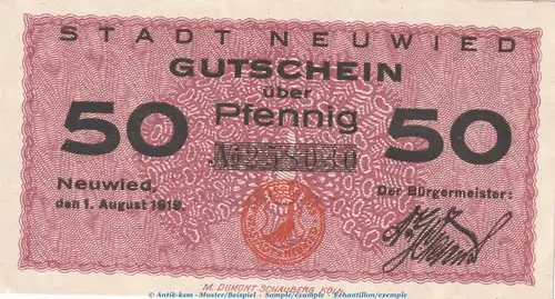 Notgeld Stadt Neuwied , 50 Pfennig Schein in kfr. Tieste 5025.10.10 von 1919 , Rheinland Verkehrsausgabe