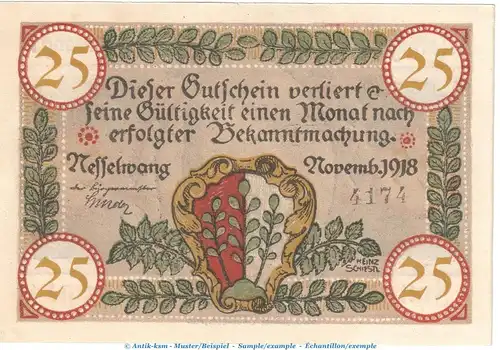 Notgeld Marktgemeinde Nesselwang , 25 Pfennig Schein in kfr. Tieste 4800.05.12 von 1918 , Bayern Verkehrsausgabe