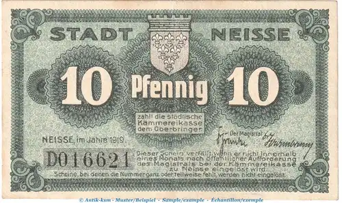 Notgeld Stadt Neisse , 10 Pfennig Schein in gbr. Tieste 4795.05.20 von 1919 , Schlesien Verkehrsausgabe