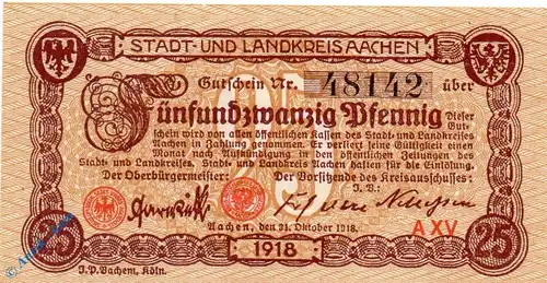 Notgeld Aachen , 25 Pfennig Schein , Tieste 0001.10.01 - 11 , von 1918 , Rheinland Verkehrsausgabe