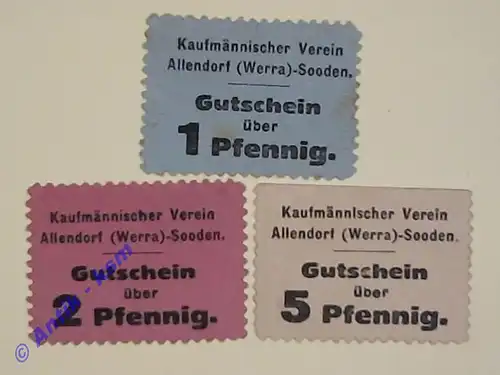 Notgeld Allendorf Sooden , Kaufmännischer Verein , vollständiger Satz mit 3 Scheinen , Hessen , Verkehrsausgabe , Tieste 0040.01 bis 03