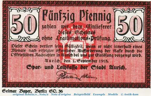 Notgeld Leihkasse Aurich 0270.10.12 , 50 Pfennig Schein in kfr. von 1918 , Niedersachsen Verkehrsausgabe