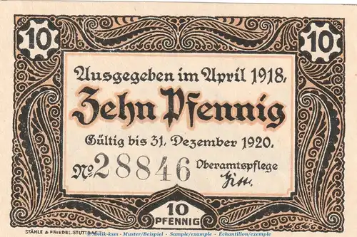 Notgeld Amtskörperschaft Vaihingen , 10 Pfennig Schein in kfr. Tieste 7570.05.05 von 1918 , Württemberg Verkehrsausgabe