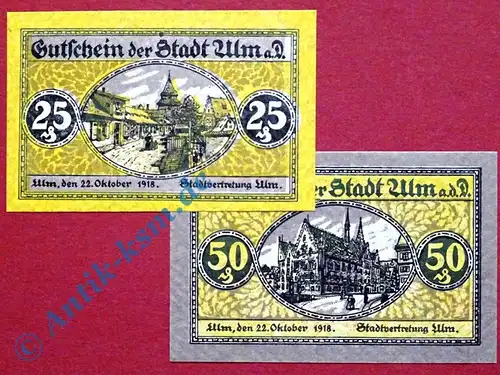 Notgeld Ulm , Satz mit 2 Scheinen , Tieste 7520.05 und 06 , von 1918 , Baden Württemberg Verkehrsausgabe