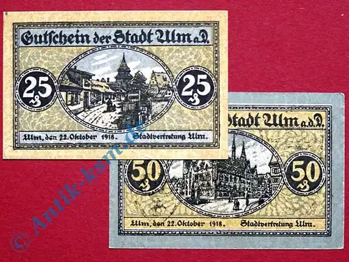 Notgeld Ulm , Satz mit 2 Scheinen , Tieste 7520.01 und 02 , von 1918 , Baden Württemberg Verkehrsausgabe