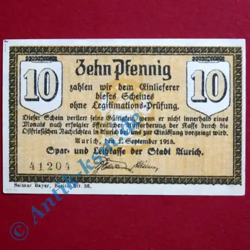 Notgeld Aurich , Einzelschein über 10 Pfennig , Tieste 0270.16 , von 1918 , Niedersachsen Verkehrsausgabe