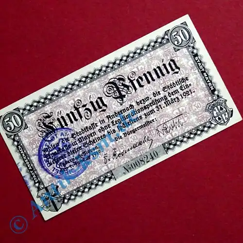 Notgeld Andernach , Einzelschein über 50 Pfennig , Tieste 0125.05 , von 1919 , Rheinland Pfalz Verkehrsausgabe