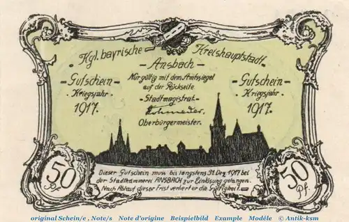 Notgeld Stadt Ansbach 0160.15.05 , 50 Pfennig Schein in kfr. von 1917 , Bayern Verkehrsausgabe