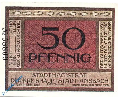 Notgeld Ansbach , 50 Pfennig Schein , mit Rand , Tieste 0160.15.26 , von 1918 , Bayern Verkehrsausgabe