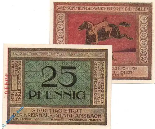 Notgeld Ansbach , Set mit 2 Scheinen mit Rand , Tieste 0160.15.25 und 26 , von 1918 , Bayern Verkehrsausgabe