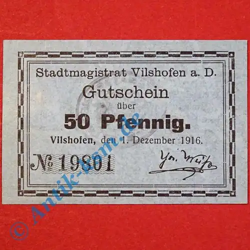 Notgeld Vilshofen , Schein über 50 Pfennig , Tieste 7610.15 , von 1916 , Bayern Verkehrsausgabe