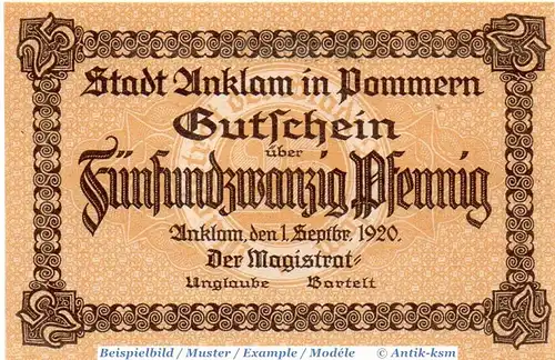 Notgeld Anklam , 25 Pfennig Schein in kfr. Tieste 0140.10.35 , von 1920 , Pommern Verkehrsausgabe