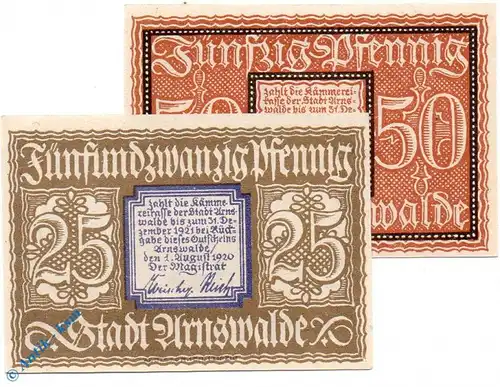 Notgeld Arnswalde , Set mit 2 Scheinen , Tieste 0205.05.30 und 31 , von 1920 , Brandenburg Verkehrsausgabe