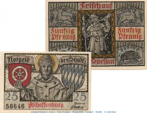 Notgeld Stadt Aschaffenburg 0220.10.15-16 , Set mit 2 Scheinen in kfr. o.D.  Bayern Verkehrsausgabe