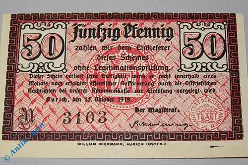 Notgeld Aurich , 50 Pfennig Schein , Tieste 0270.05.01 , von 1919 , Niedersachsen Verkehrsausgabe
