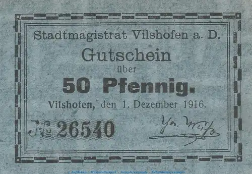 Notgeld Stadt Vilshofen , 50 Pfennig Schein in kfr. Tieste 7610.05.26 von 1916 , Bayern Verkehrsausgabe