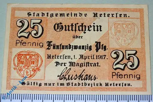 Notgeld Uetersen , 25 Pfennig Schein , Wappen gedruckt , Tieste 7515.05.05 , von 1917 , Schleswig Holstein Verkehrsausgabe