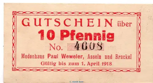 Notgeld Paul Weweler Asseln 0235.05.02 , 10 Pfennig Schein in kfr o.D. , Westfalen Verkehrsausgabe