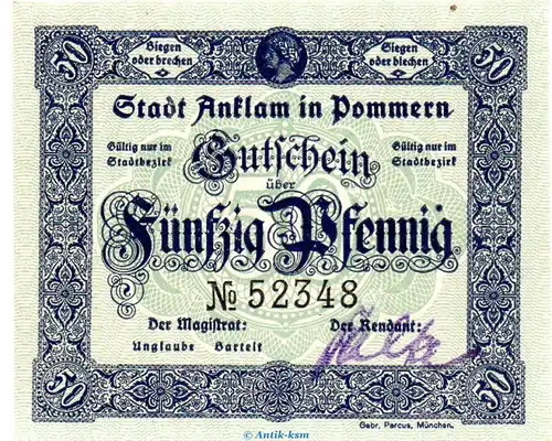 Notgeld Stadt Anklam 0140.10.30 , 50 Pfennig Schein in kfr. o.D. Pommern Verkehrsausgabe