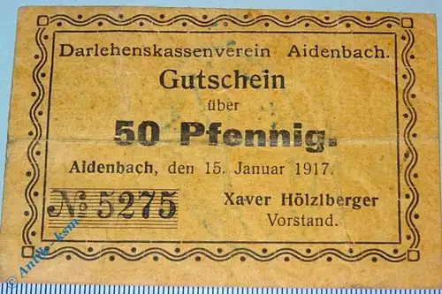 Notgeld Aidenbach , 50 Pfennig Schein mit Stempel , Tieste 0025.05.11 , von 1917 , Bayern Verkehrsausgabe