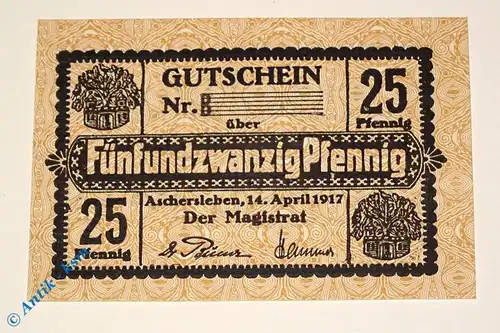 Notgeld Aschersleben , 25 Pfennig Musterschein Ohne Kennummer , Tieste 0225.10.30.M , von 1917 , Sachsen Verkehrsausgabe