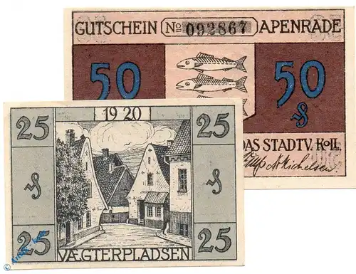 Notgeld Apenrade , Set mit 2 Scheinen , Tieste 0175.05.01 und 02 , von 1920 , dänisch Nordschleswig Verkehrsausgabe