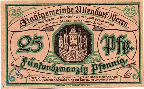 Notgeld Stadt Allendorf 0035.05.41 , 25 Pfennig Schein in kfr. o.D. Hessen Verkehrsausgabe