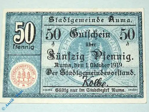 Notgeld Auma , 50 Pfennig Schein ohne Kn , Tieste 0265.05.11.2 , von 1919 , Sachsen Verkehrsausgabe