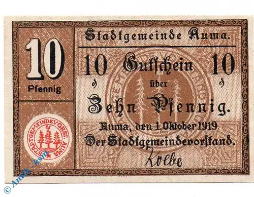 Notgeld Auma , 10 Pfennig Schein ohne Kennummer , Tieste 0265.05.10.2 , von 1919 , Sachsen Verkehrsausgabe