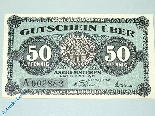 Notgeld Aschersleben , 50 Pfennig Schein mit A , Tieste 0225.10.21 , von 1917 , Sachsen Verkehrsausgabe