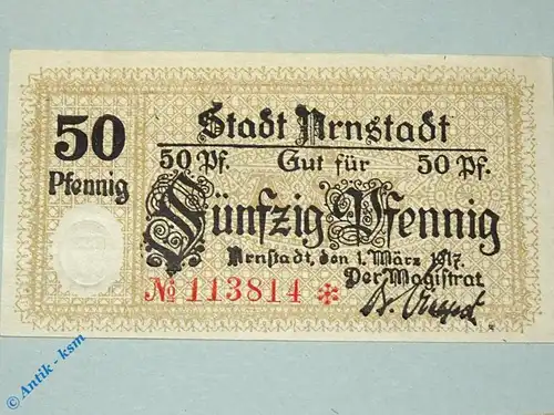 Notgeld Arnstadt , 50 Pfennig Schein , Tieste 0200.20.05 , von 1917 , Thüringen Verkehrsausgabe